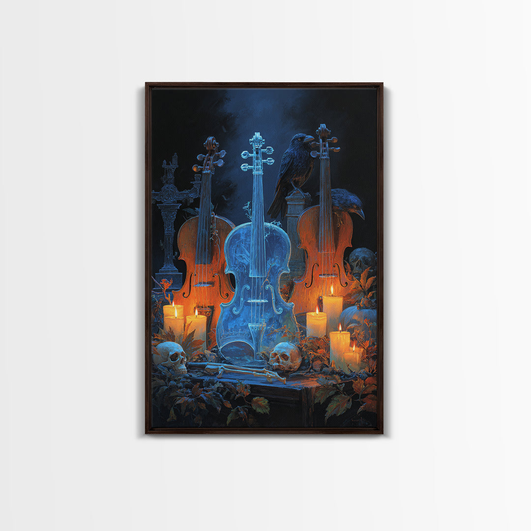 The Ghostly Violin Procession - Occult Still Life, Halloween Wall Art, Vertical Wall Art, Framed Canvas Print, Halloween Home Decor