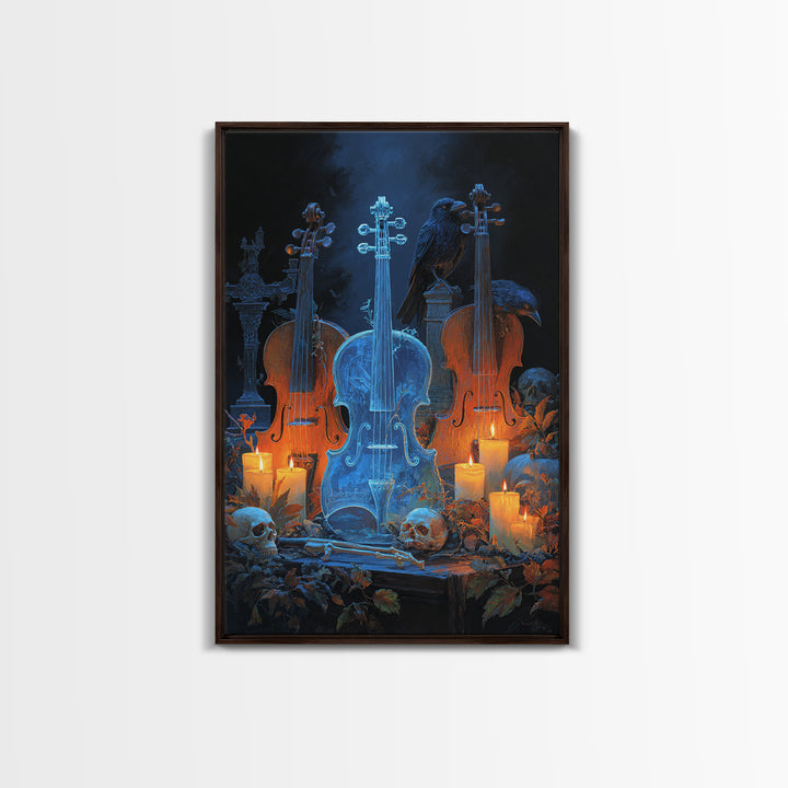 The Ghostly Violin Procession - Occult Still Life, Halloween Wall Art, Vertical Wall Art, Framed Canvas Print, Halloween Home Decor
