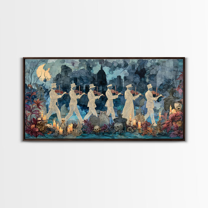 The Ghostly Violin Procession - Occult Still Life, Spooky Wall Decor, Wide Panoramic Art, Framed Canvas Print, Halloween Home Decor