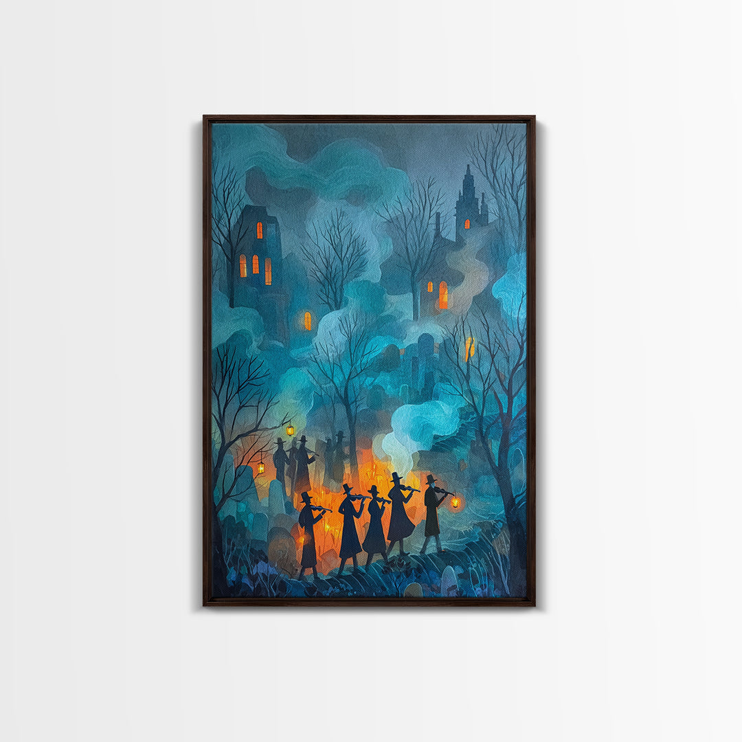 The Ghostly Violin Procession - Procession Scene, Macabre Halloween Art, Vertical Wall Art, Framed Canvas Print, Halloween Home Decor