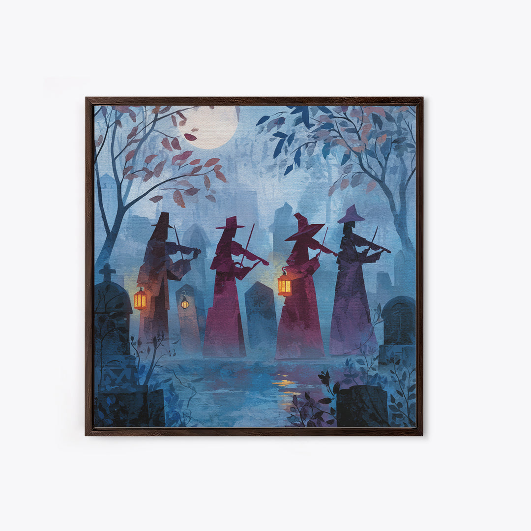The Ghostly Violin Procession - Procession Scene, Macabre Halloween Art, Square Wall Art, Framed Canvas Print, Halloween Home Decor
