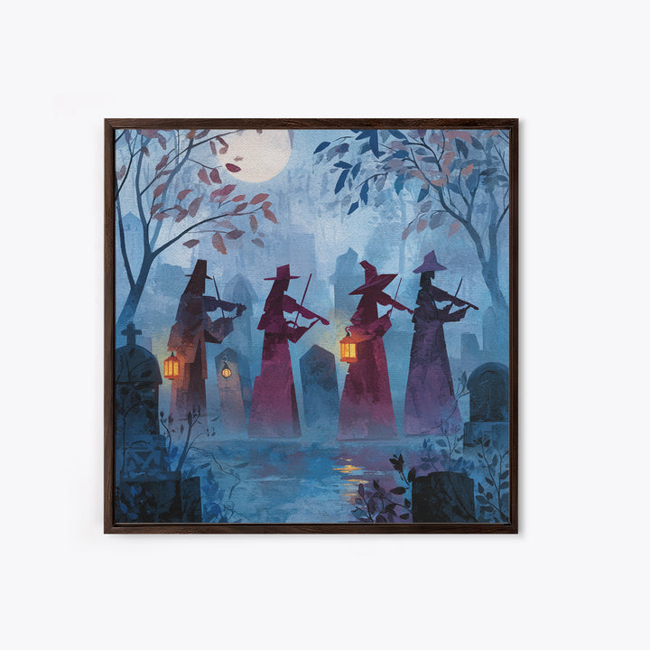The Ghostly Violin Procession - Procession Scene, Macabre Halloween Art, Square Wall Art, Framed Canvas Print, Halloween Home Decor