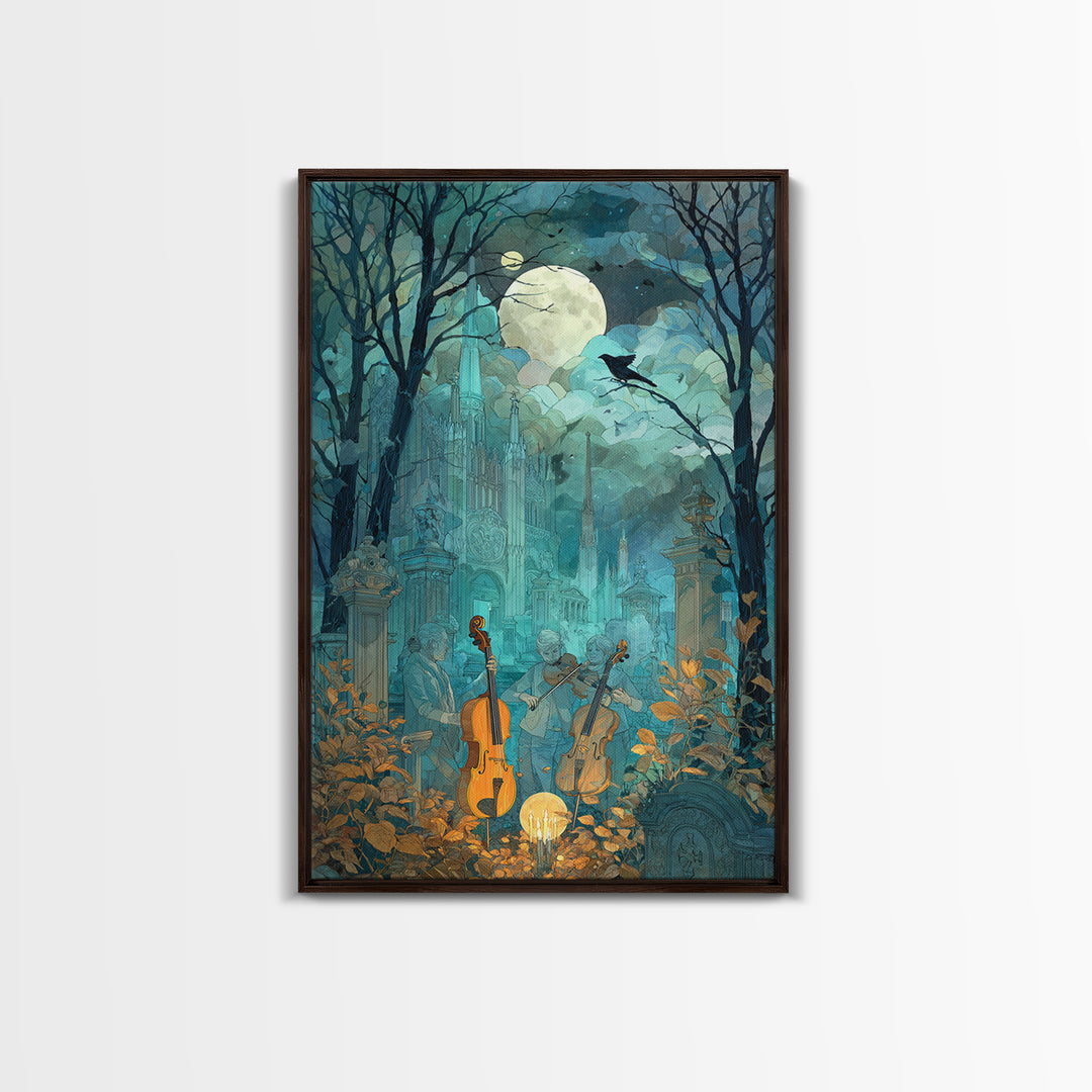The Ghostly Violin Procession - Surreal Celestial Vision, Occult Wall Decor, Vertical Wall Art, Canvas Print, Halloween Home Decor