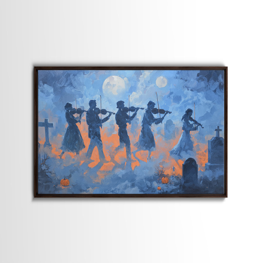 The Ghostly Violin Procession - Surreal Celestial Vision, Macabre Halloween Art, Landscape Wall Art, Framed Canvas Print, Gothic Wall Art
