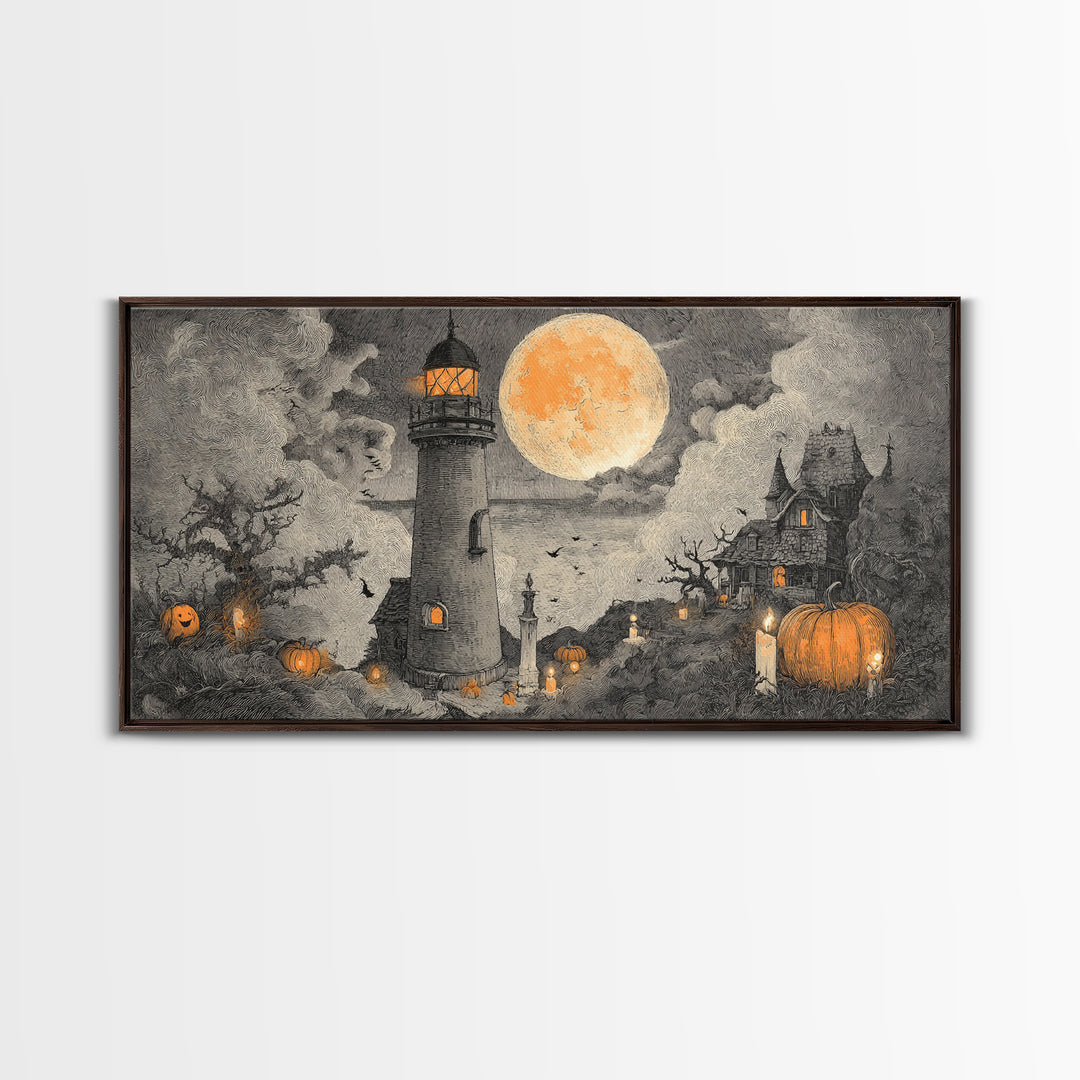 The Pumpkin Moon Lighthouse - Environmental Panorama, Dark Fantasy Wall Art, Wide Panoramic Art, Canvas Print, Halloween Home Decor