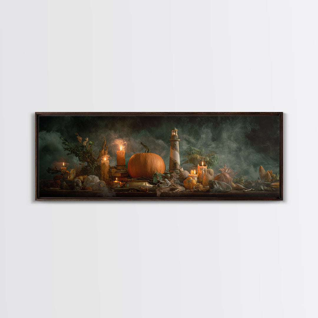 The Pumpkin Moon Lighthouse - Occult Still Life, Occult Wall Decor, Extra Wide Wall Art, Canvas Print, Halloween Home Decor, Gothic Wall Art