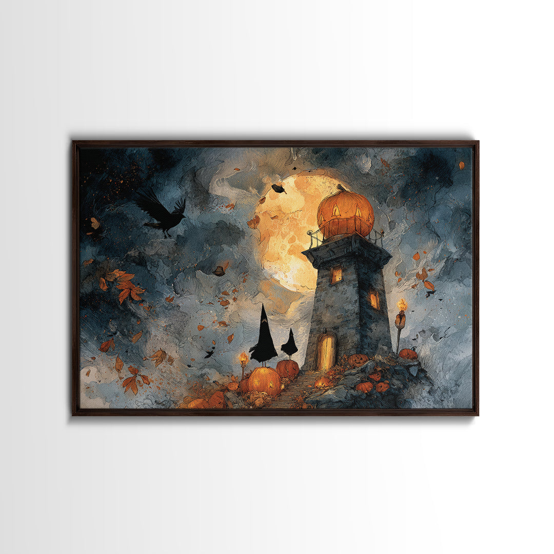 The Pumpkin Moon Lighthouse - Procession Scene, Dark Fantasy Wall Art, Landscape Wall Art, Canvas Print, Halloween Home Decor