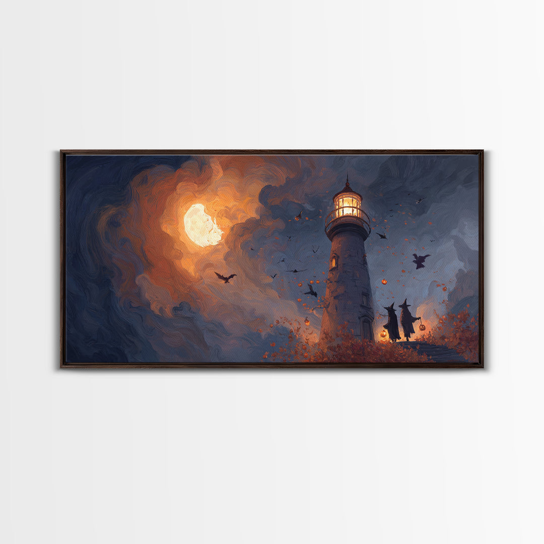 The Pumpkin Moon Lighthouse - Procession Scene, Occult Wall Decor, Wide Panoramic Art, Canvas Print, Halloween Home Decor, Gothic Wall Art