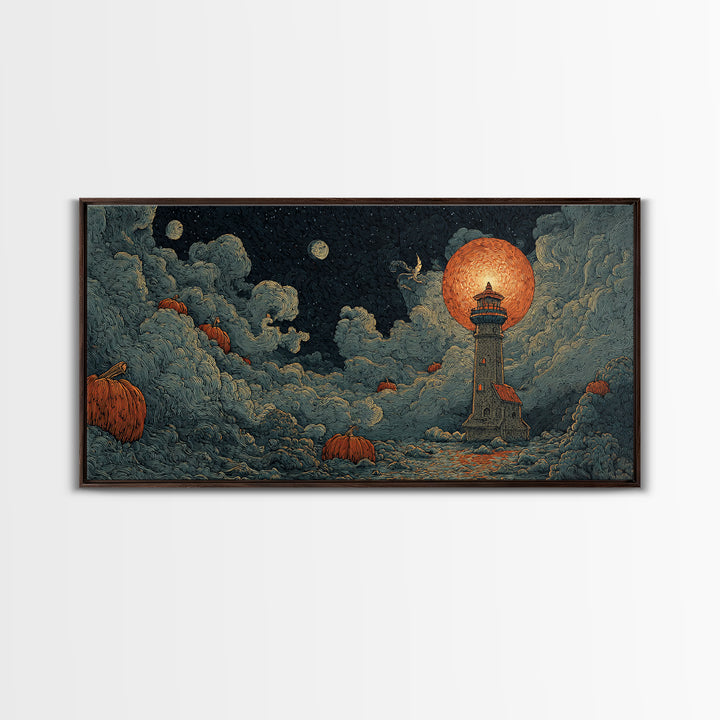 The Pumpkin Moon Lighthouse - Surreal Celestial Vision, Dark Fantasy Wall Art, Wide Panoramic Art, Canvas Print, Halloween Home Decor