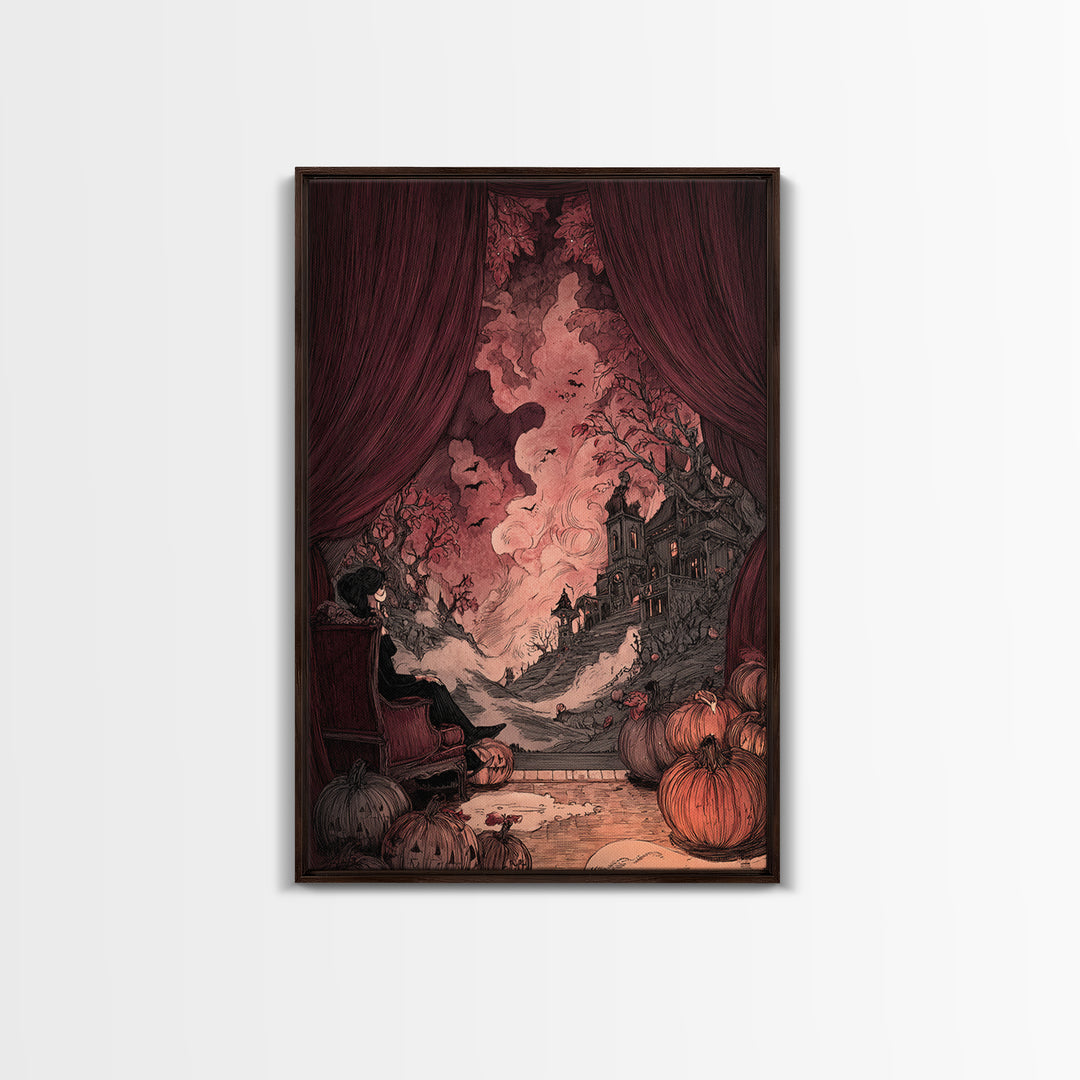 The Velvet Vampire Conservatory - Environmental Panorama, Macabre Halloween Art, Vertical Wall Art, Framed Canvas Print, Gothic Wall Art