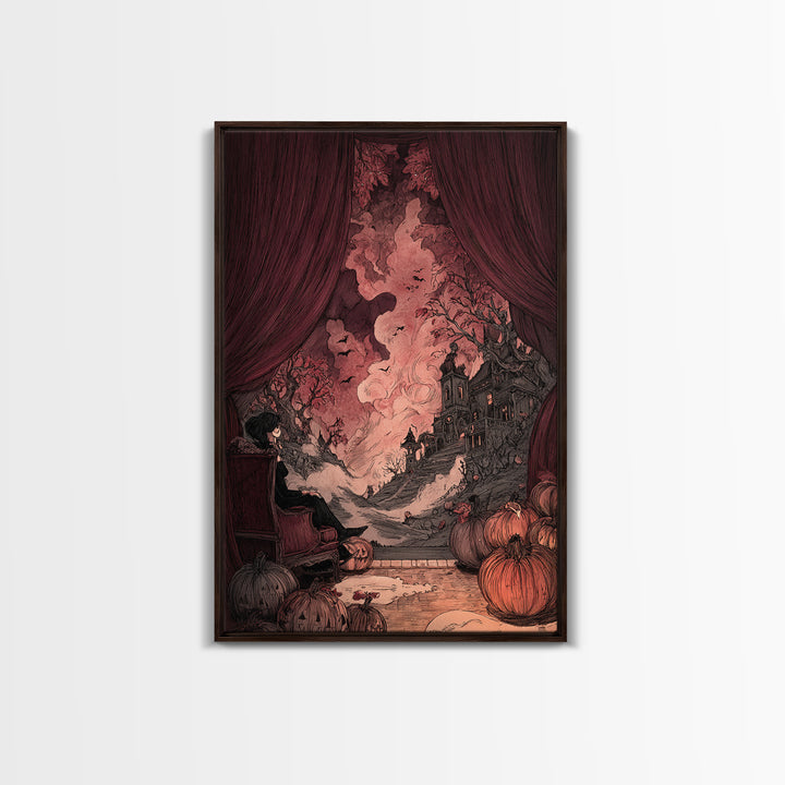 The Velvet Vampire Conservatory - Environmental Panorama, Macabre Halloween Art, Vertical Wall Art, Framed Canvas Print, Gothic Wall Art