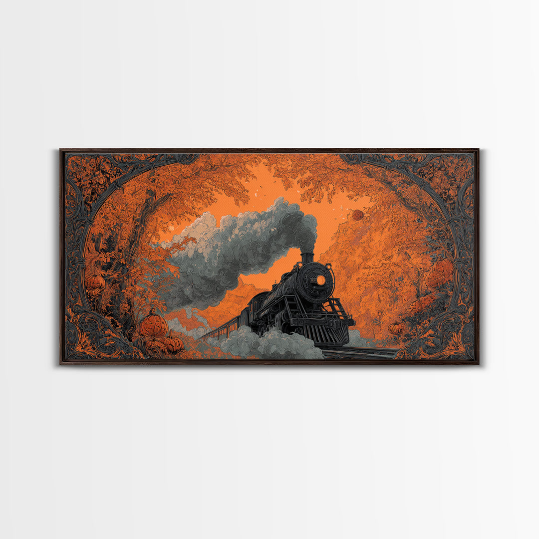 The Phantom Train Of October - Icon Portrait, Spooky Wall Decor, Wide Panoramic Art, Framed Canvas Print, Halloween Home Decor