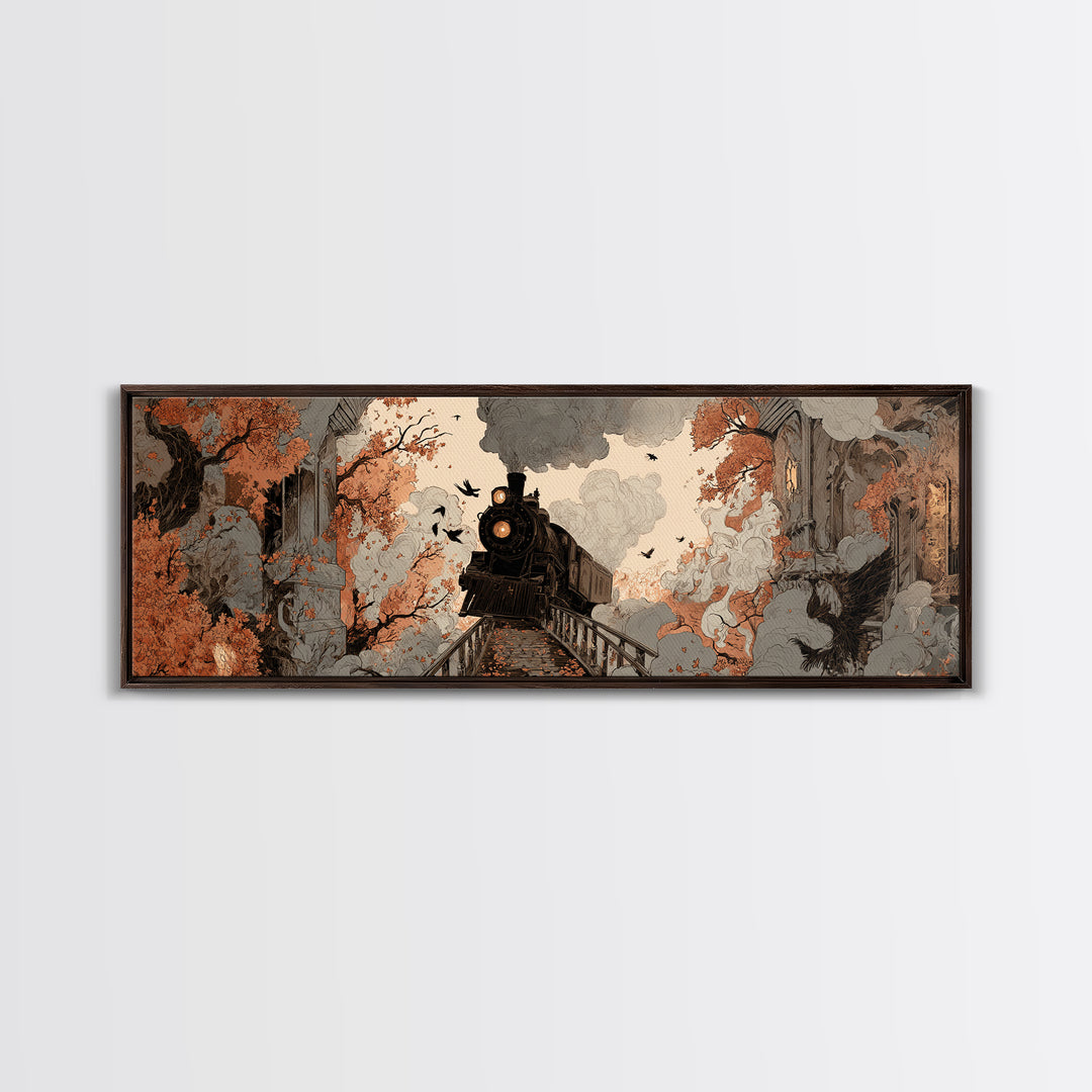 The Phantom Train Of October - Icon Portrait, Macabre Halloween Art, Extra Wide Wall Art, Framed Canvas Print, Halloween Home Decor
