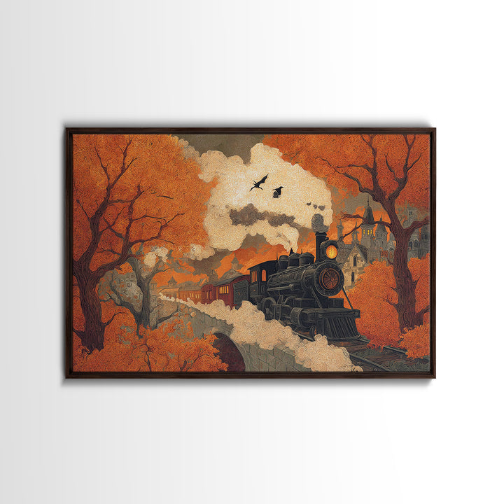 The Phantom Train Of October - Environmental Panorama, Halloween Wall Art, Landscape Wall Art, Framed Canvas Print, Halloween Home Decor