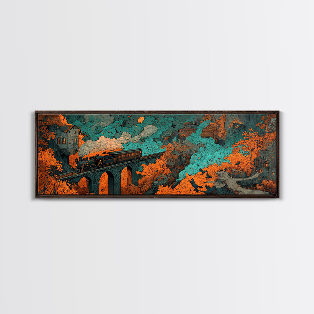 The Phantom Train Of October - Environmental Panorama, Spooky Wall Decor, Extra Wide Wall Art, Framed Canvas Print, Halloween Home Decor