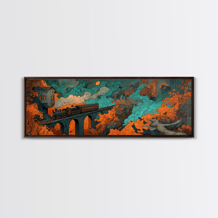 The Phantom Train Of October - Environmental Panorama, Spooky Wall Decor, Extra Wide Wall Art, Framed Canvas Print, Halloween Home Decor