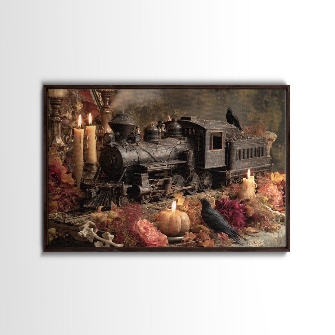The Phantom Train Of October - Occult Still Life, Macabre Halloween Art, Landscape Wall Art, Framed Canvas Print, Halloween Home Decor