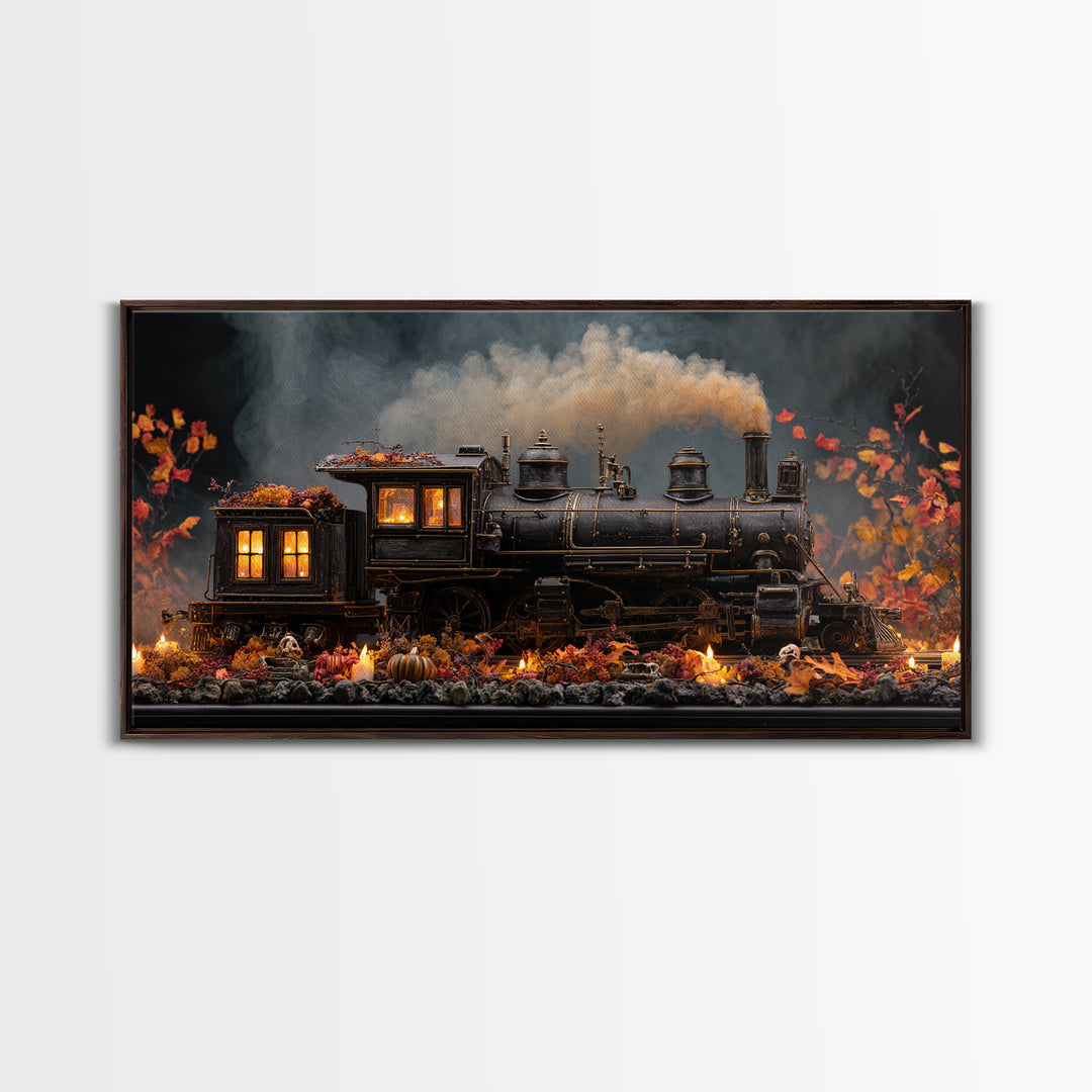 The Phantom Train Of October - Occult Still Life, Macabre Halloween Art, Wide Panoramic Art, Framed Canvas Print, Halloween Home Decor