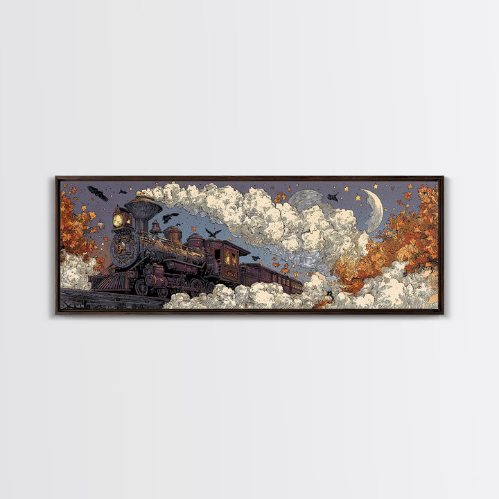 The Phantom Train Of October - Surreal Celestial Vision, Spooky Wall Decor, Extra Wide Wall Art, Framed Canvas Print, Halloween Home Decor