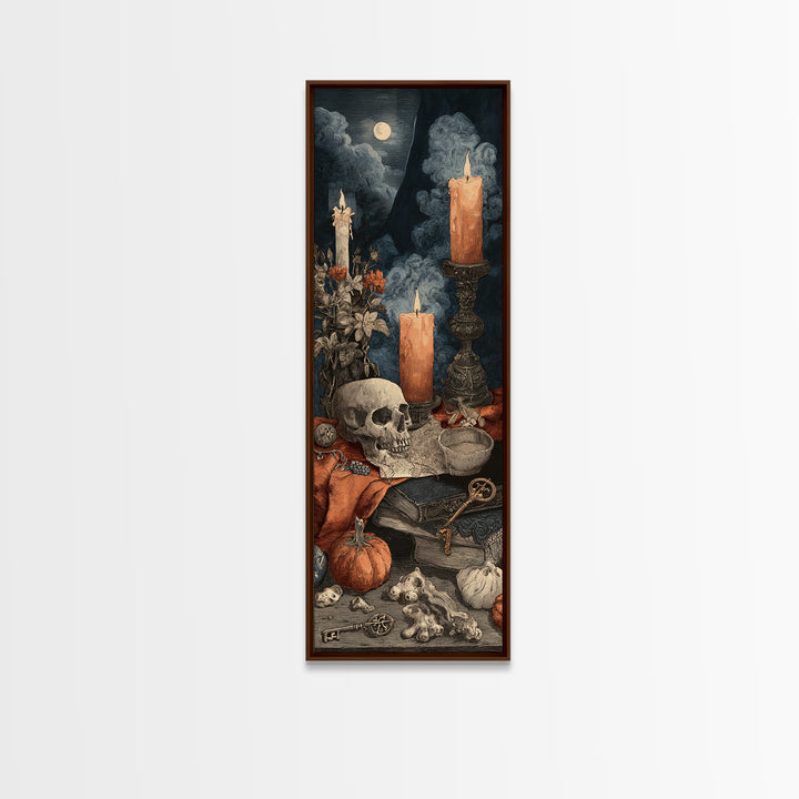 The Bone Key Still Life - Occult Still Life, Spooky Wall Decor, Tall Narrow Wall Art, Framed Canvas Print, Halloween Home Decor