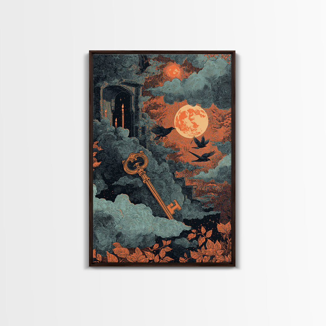 The Bone Key Still Life - Surreal Celestial Vision, Spooky Wall Decor, Vertical Wall Art, Framed Canvas Print, Halloween Home Decor