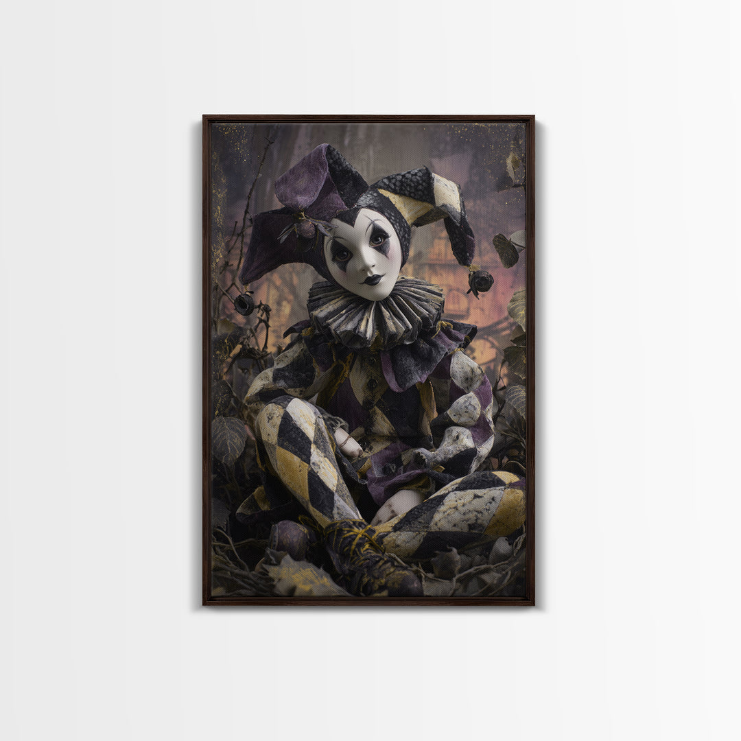 The Haunted Harlequin Doll - Environmental Panorama, Macabre Halloween Art, Vertical Wall Art, Framed Canvas Print, Halloween Home Decor