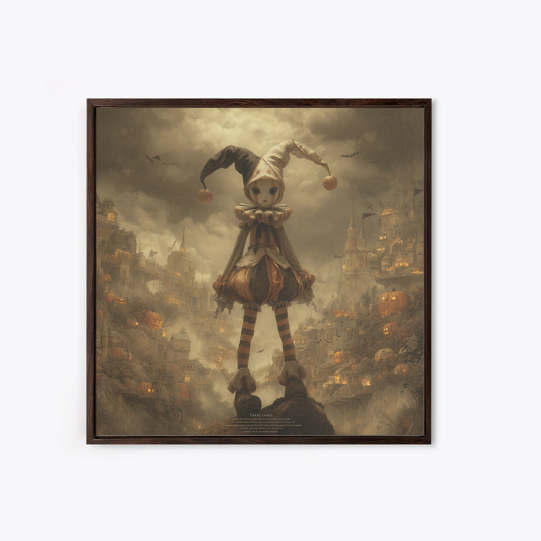 The Haunted Harlequin Doll - Environmental Panorama, Spooky Wall Decor, Square Wall Art, Framed Canvas Print, Halloween Home Decor
