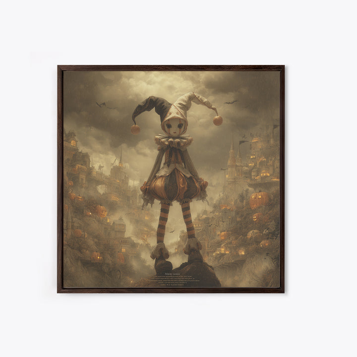 The Haunted Harlequin Doll - Environmental Panorama, Spooky Wall Decor, Square Wall Art, Framed Canvas Print, Halloween Home Decor