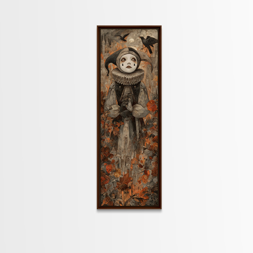 The Haunted Harlequin Doll - Environmental Panorama, Halloween Wall Art, Tall Narrow Wall Art, Framed Canvas Print, Halloween Home Decor