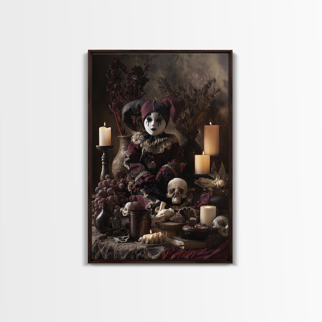 The Haunted Harlequin Doll - Occult Still Life, Halloween Wall Art, Vertical Wall Art, Framed Canvas Print, Halloween Home Decor