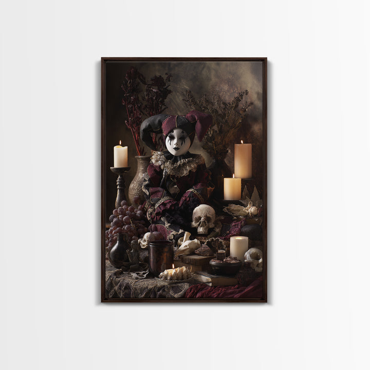 The Haunted Harlequin Doll - Occult Still Life, Halloween Wall Art, Vertical Wall Art, Framed Canvas Print, Halloween Home Decor