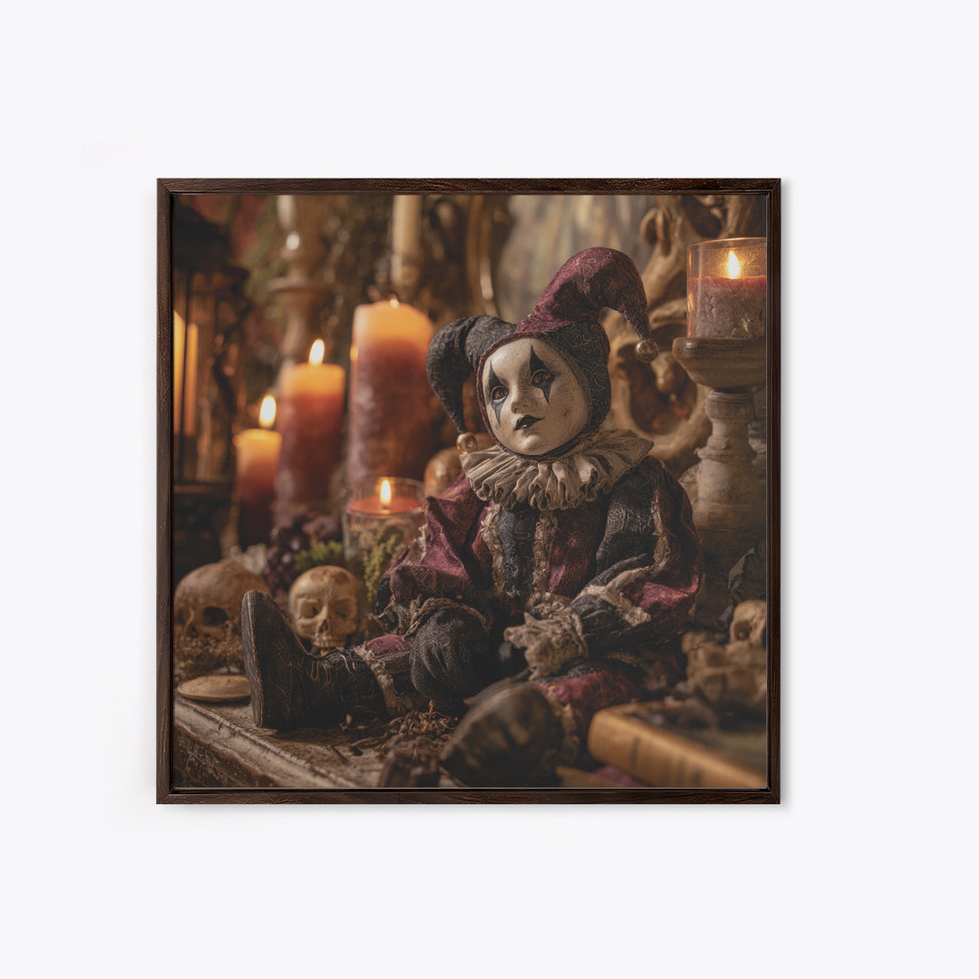 The Haunted Harlequin Doll - Occult Still Life, Spooky Wall Decor, Square Wall Art, Framed Canvas Print, Halloween Home Decor