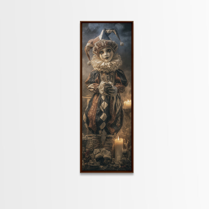 The Haunted Harlequin Doll - Occult Still Life, Gothic Home Decor, Tall Narrow Wall Art, Canvas Print, Halloween Home Decor, Gothic Wall Art