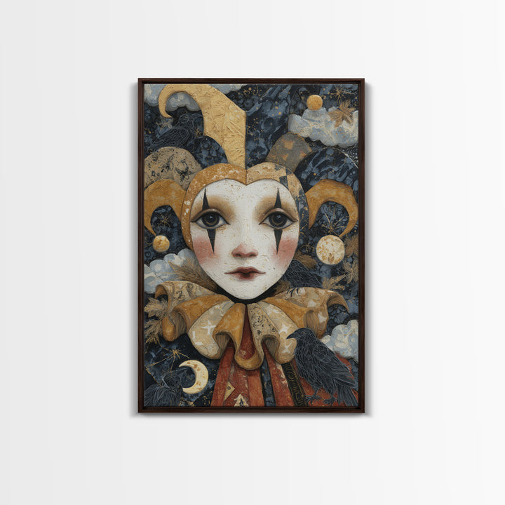 The Haunted Harlequin Doll - Surreal Celestial Vision, Dark Fantasy Wall Art, Vertical Wall Art, Canvas Print, Halloween Home Decor