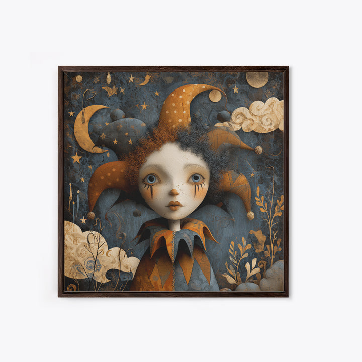 The Haunted Harlequin Doll - Surreal Celestial Vision, Halloween Wall Art, Square Wall Art, Framed Canvas Print, Halloween Home Decor
