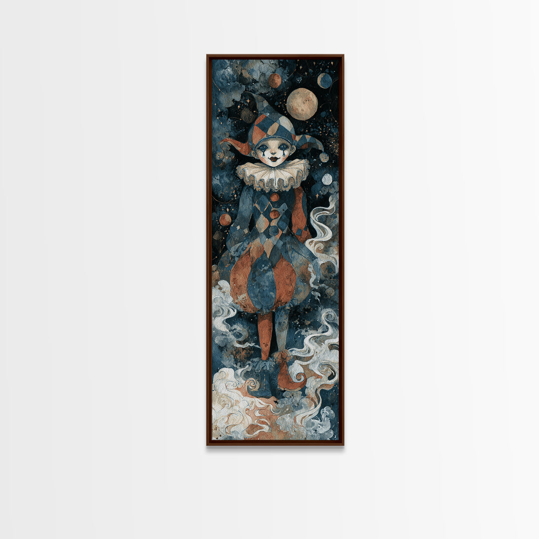 The Haunted Harlequin Doll - Surreal Celestial Vision, Dark Fantasy Wall Art, Tall Narrow Wall Art, Canvas Print, Halloween Home Decor