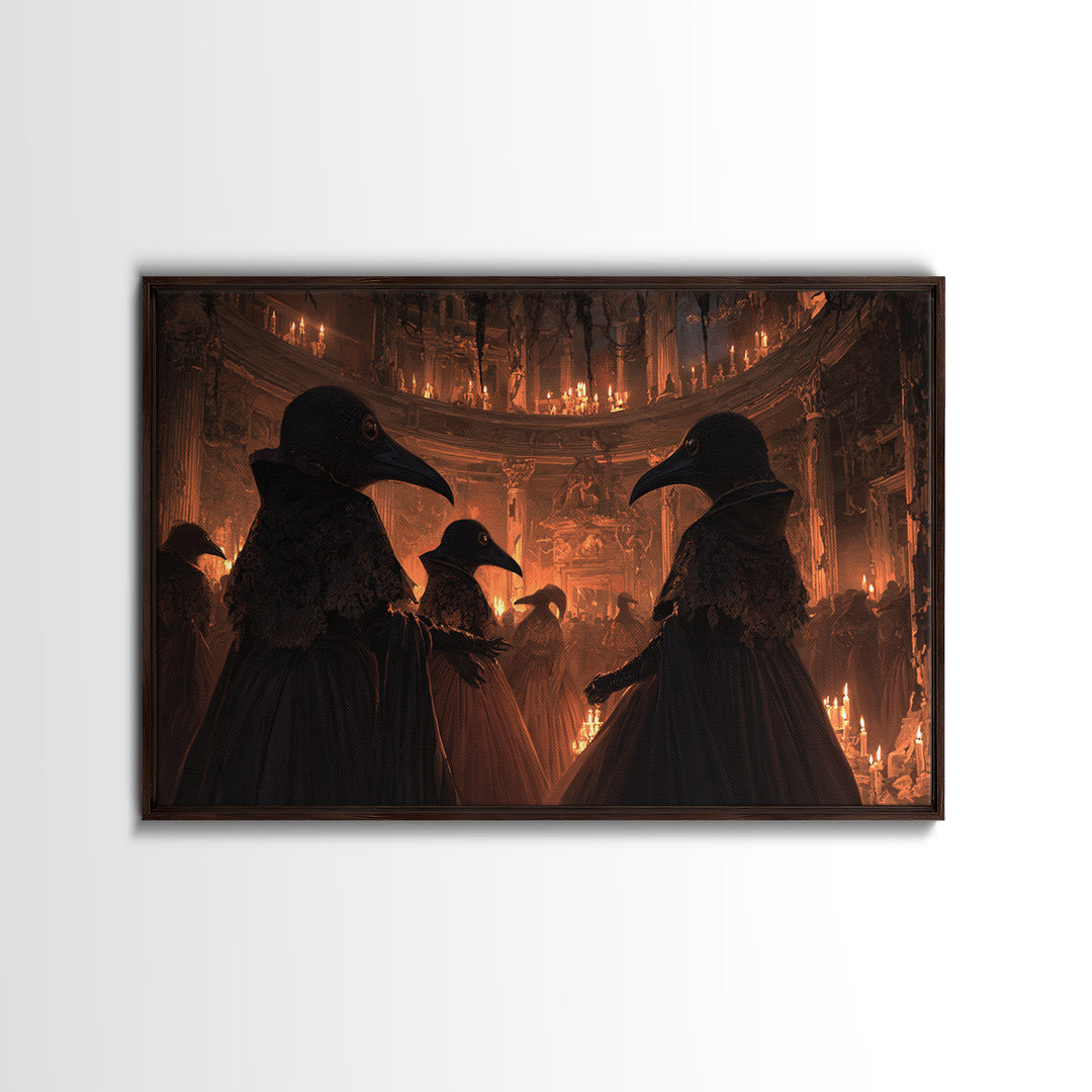The Raven-Masked Ballroom - Icon Portrait, Macabre Halloween Art, Landscape Wall Art, Framed Canvas Print, Halloween Home Decor