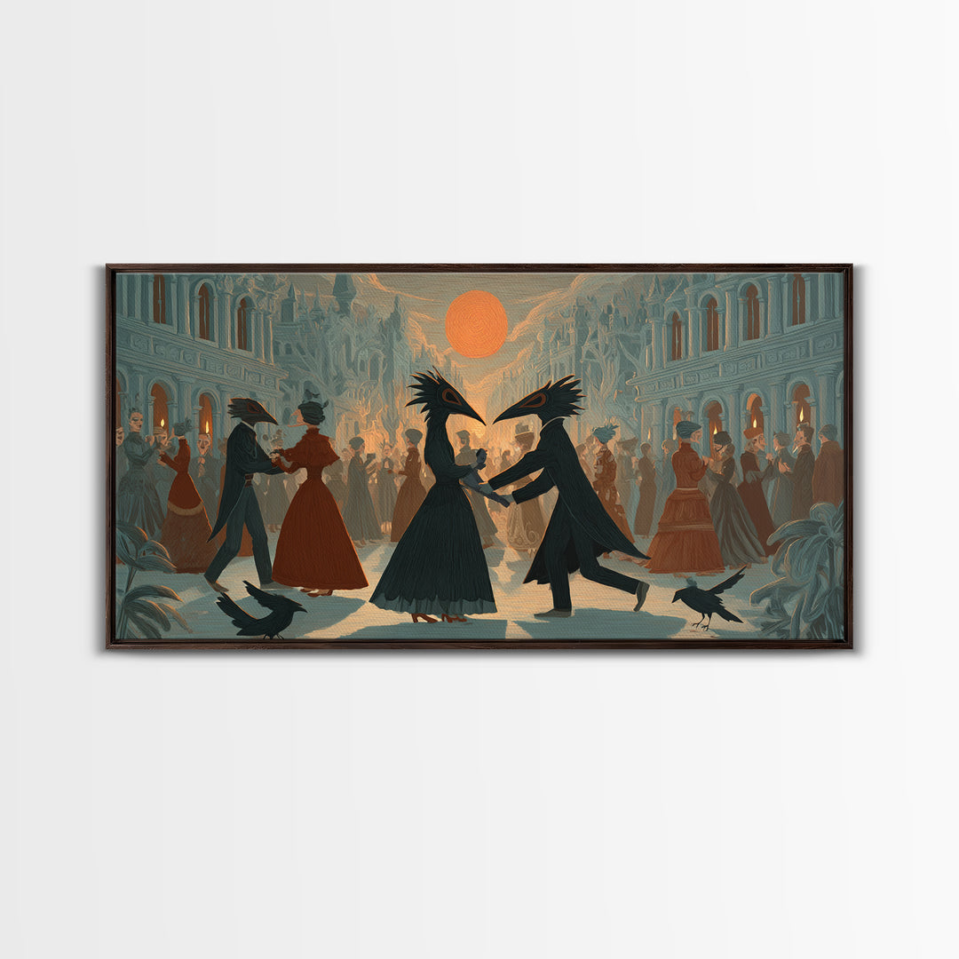 The Raven-Masked Ballroom - Environmental Panorama, Macabre Halloween Art, Wide Panoramic Art, Framed Canvas Print, Halloween Home Decor