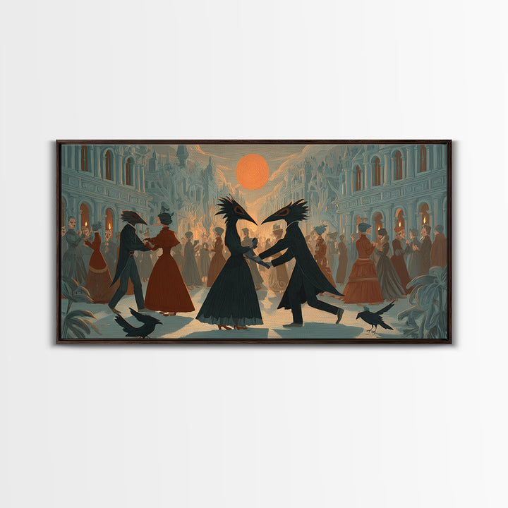 The Raven-Masked Ballroom - Environmental Panorama, Macabre Halloween Art, Wide Panoramic Art, Framed Canvas Print, Halloween Home Decor