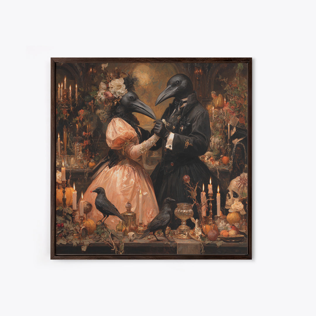 The Raven-Masked Ballroom - Occult Still Life, Spooky Wall Decor, Square Wall Art, Framed Canvas Print, Halloween Home Decor
