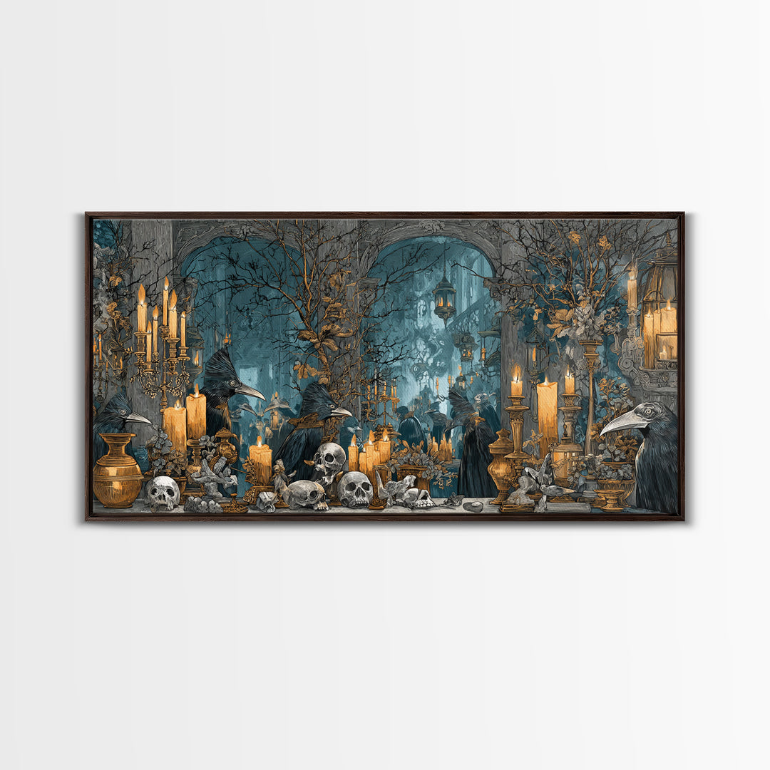 The Raven-Masked Ballroom - Occult Still Life, Halloween Wall Art, Wide Panoramic Art, Framed Canvas Print, Halloween Home Decor