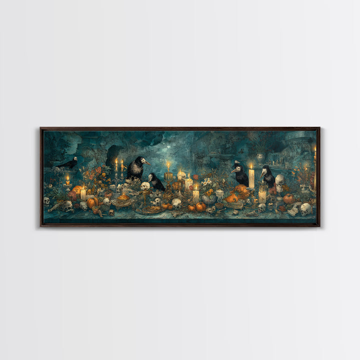The Raven-Masked Ballroom - Occult Still Life, Halloween Wall Art, Extra Wide Wall Art, Framed Canvas Print, Halloween Home Decor