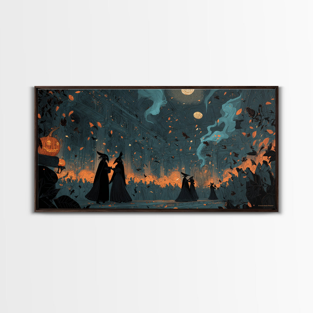 The Raven-Masked Ballroom - Procession Scene, Spooky Wall Decor, Wide Panoramic Art, Framed Canvas Print, Halloween Home Decor