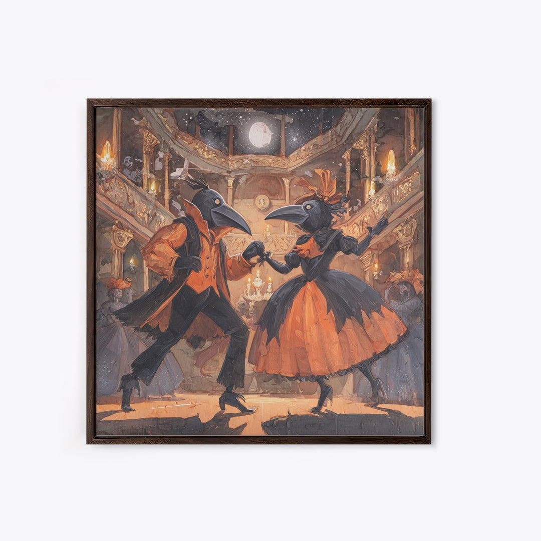 The Raven-Masked Ballroom - Surreal Celestial Vision, Macabre Halloween Art, Square Wall Art, Framed Canvas Print, Halloween Home Decor