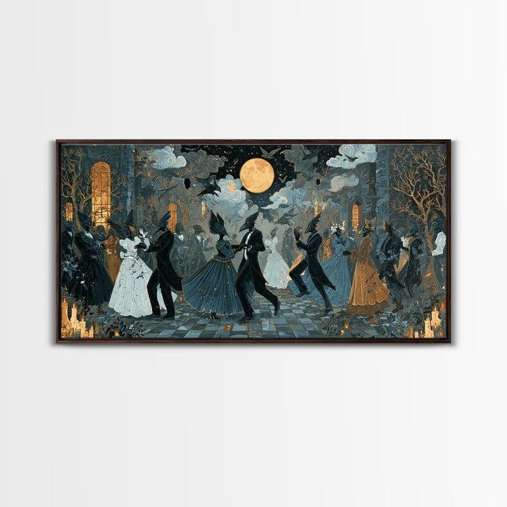 The Raven-Masked Ballroom - Surreal Celestial Vision, Occult Wall Decor, Wide Panoramic Art, Canvas Print, Halloween Home Decor