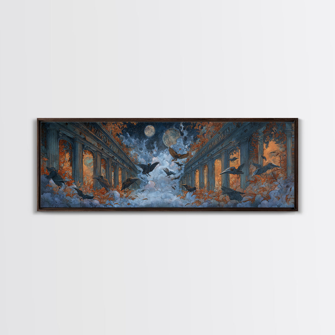 The Raven-Masked Ballroom - Surreal Celestial Vision, Dark Fantasy Wall Art, Extra Wide Wall Art, Canvas Print, Halloween Home Decor