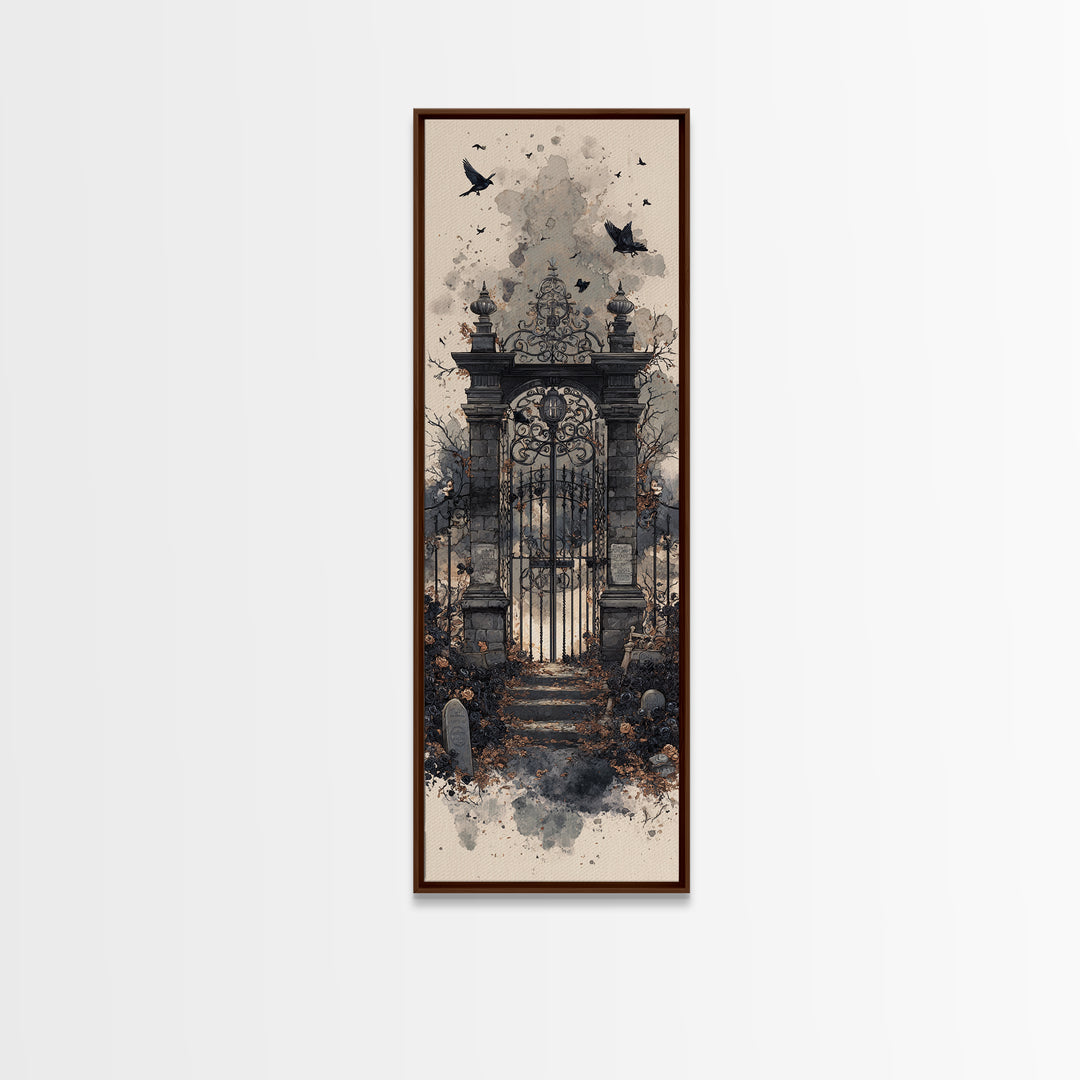 The Black Rose Cemetery Gate - Icon Portrait, Halloween Wall Art, Tall Narrow Wall Art, Framed Canvas Print, Halloween Home Decor
