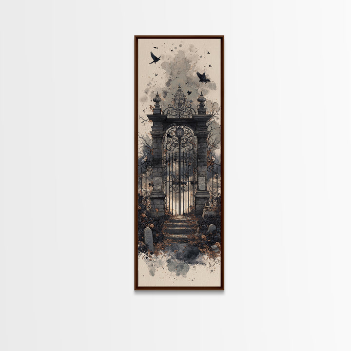 The Black Rose Cemetery Gate - Icon Portrait, Halloween Wall Art, Tall Narrow Wall Art, Framed Canvas Print, Halloween Home Decor