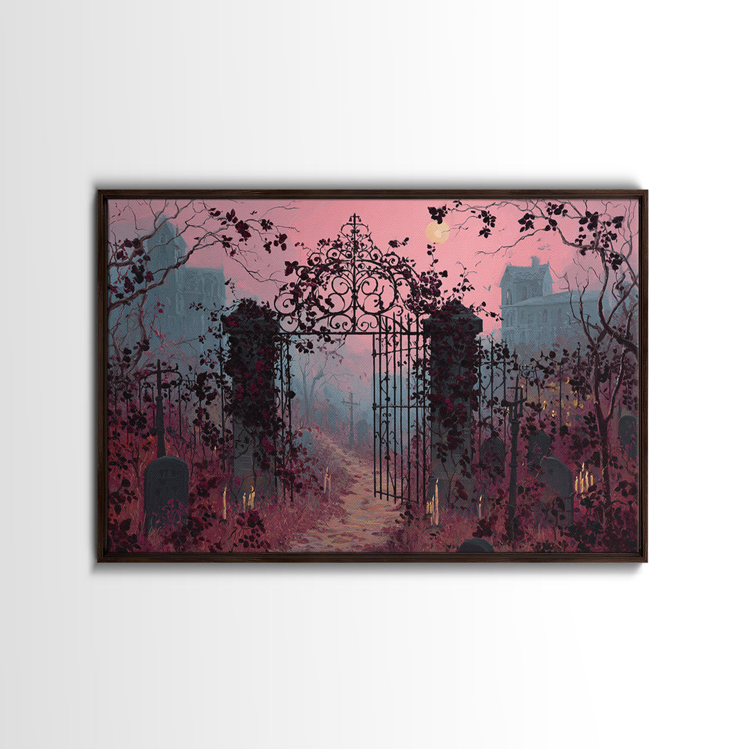 The Black Rose Cemetery Gate - Environmental Panorama, Macabre Halloween Art, Landscape Wall Art, Framed Canvas Print, Halloween Home Decor