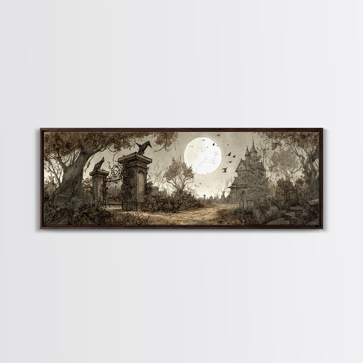 The Black Rose Cemetery Gate - Environmental Panorama, Macabre Halloween Art, Extra Wide Wall Art, Framed Canvas Print, Halloween Home Decor